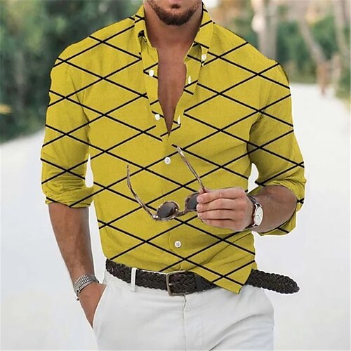 

Men's Shirt 3D Print Linear Turndown Street Casual Button-Down Print Long Sleeve Tops Casual Fashion Breathable Yellow