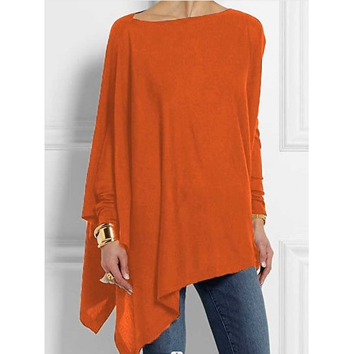 

Women's T shirt Tee Plain Daily T shirt Tee Long Sleeve Patchwork Off Shoulder Basic Black Orange M