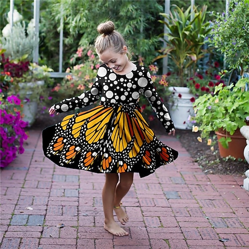 

Girls' 3D Animal Butterfly Dress Long Sleeve 3D Print Fall Winter Daily Holiday Vacation Cute Casual Sweet Kids 3-10 Years Swing Dress A Line Dress Above Knee Polyester Regular Fit
