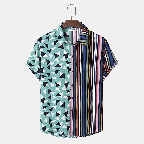 

Men's Shirt 3D Print Striped Geometry Turndown Street Casual Button-Down Print Short Sleeves Tops Designer Casual Fashion Breathable Blue / Summer