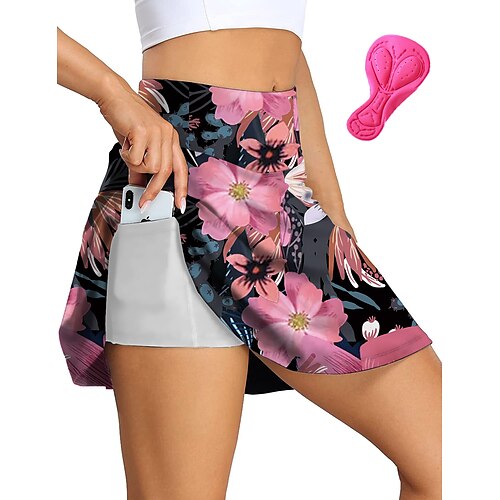 

21Grams Women's Cycling Skort Skirt Bike Bottoms Mountain Bike MTB Road Bike Cycling Sports Floral Botanical 3D Pad Cycling Breathable Quick Dry Rosy Pink Polyester Spandex Clothing Apparel Bike Wear