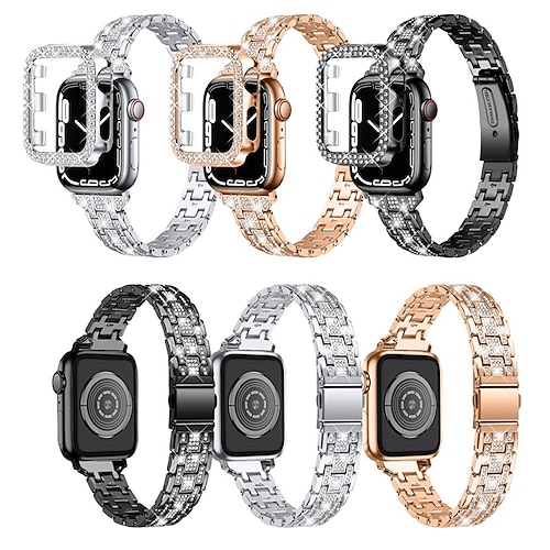 

1PC Smart Watch Band with Case Compatible with Apple iWatch Series 8 7 6 5 4 3 2 1 SE Metal Band Jewelry Bracelet for iWatch Smartwatch Strap Wristband Metal Rhinestone Adjustable Quick Release Bling