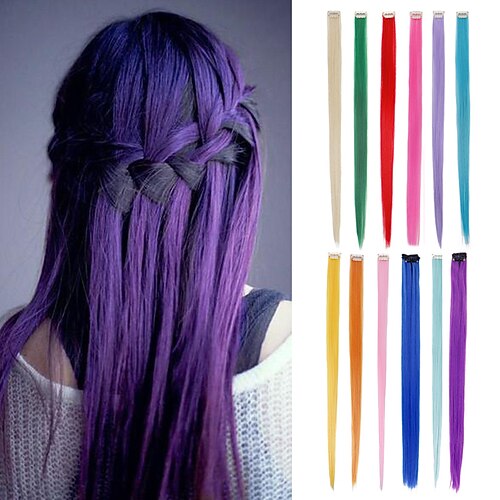 

Colored Clip in Hair Extensions Colorful Straight Hair Extensions Clip in for Women and Kids Multi-Colors Party Highlights Streak Synthetic Hairpieces Wonderful Rainbow Colors 6pcs / pack