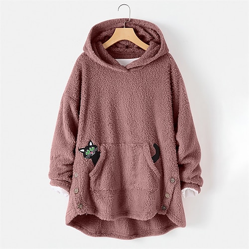 

Women's Plus Size Tops Hoodie Sweatshirt Cat Embroidered Pocket Long Sleeve Hooded Streetwear Daily Vacation Polyester Fall Winter Gray Pink