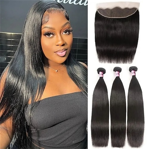 

3 Bundles with Closure Hair Weaves Brazilian Hair Straight Human Hair Extensions Human Hair Extension Weave 14-20 inch Black Women Easy dressing Comfy / Daily Wear / Party / Evening / Party