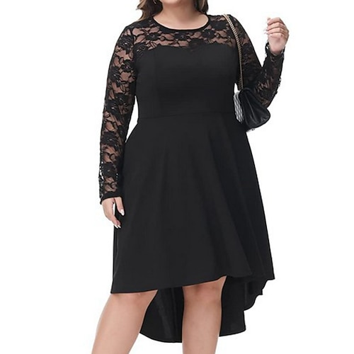 

Women's Plus Size Work Dress Solid Color Crew Neck Lace Long Sleeve Fall Winter Work Formal Vintage Midi Dress Date Work Dress