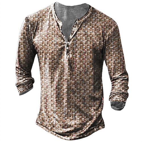 

Men's T shirt Tee Henley Shirt Tee Graphic Plaid Henley Coffee Long Sleeve 3D Print Plus Size Outdoor Daily Button-Down Print Tops Basic Designer Classic Comfortable / Sports