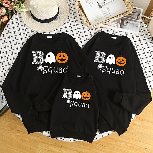 

Family Look Halloween Tops Pumpkin Halloween pattern Letter Daily Print Black Long Sleeve Basic Matching Outfits