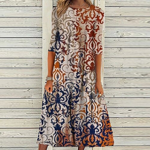 

Women's Casual Dress Shift Dress Midi Dress Blue 3/4 Length Sleeve Floral Ruched Print Fall Winter Round Neck Casual Vacation 2022 S M L XL XXL 3XL