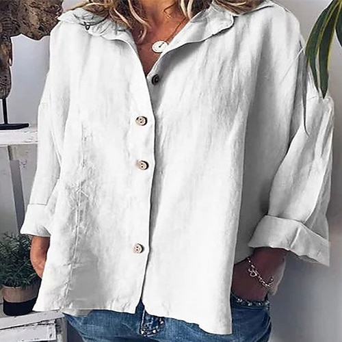 

Women's Plus Size Tops Blouse Shirt Plain Button Long Sleeve Shirt Collar Streetwear Daily Vacation Cotton Fall Winter Green White