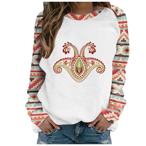 

Women's Sweatshirt Pullover Active Ethnic Streetwear Print White Wine Orange Floral Geometric Feather Daily Round Neck Long Sleeve S M L XL XXL / 3D Print