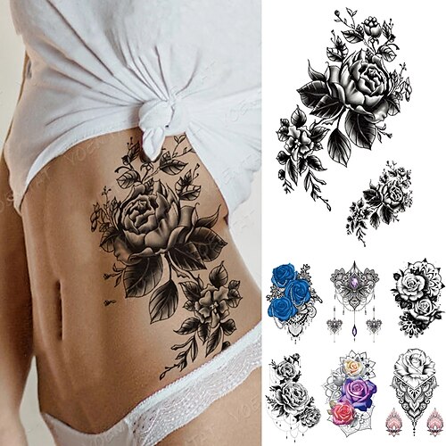 

7 pcs Flower Peony Rose Sketches Flash Tattoos Black Henna Body Art Arm Fake Tatoo Women Men