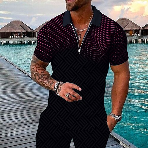 

Men's Golf Shirt Polka Dot Turndown Street Casual Zipper Short Sleeve Tops Casual Fashion Comfortable Black Purple Pink
