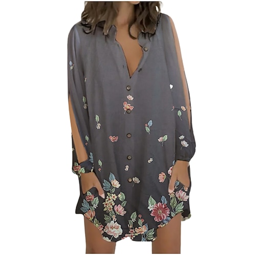 

Women's Blouse Floral Butterfly Daily Holiday Weekend Floral Butterfly Blouse Shirt Long Sleeve Cut Out Button Print Standing Collar Casual Streetwear White Blue Gray S / 3D Print