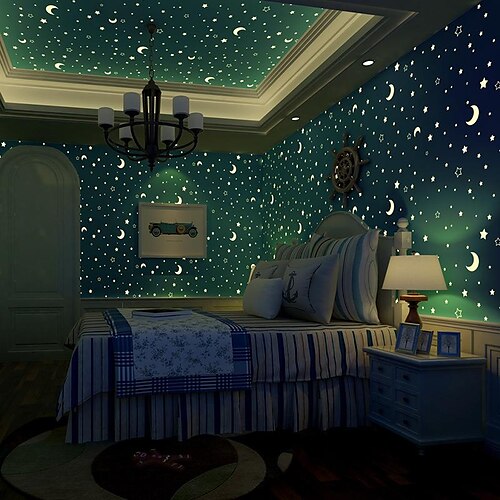 

style coréen étoiles chaudes et lune chambre d'enfants lumineux non-tissé papier peint garçons et filles chambre dessin animé fluorescent papier peint