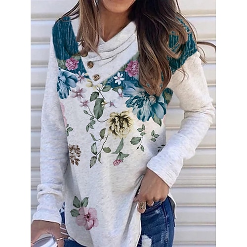 

Women's T shirt Tee Flower Casual Weekend T shirt Tee Long Sleeve Button Print V Neck Basic Gray S