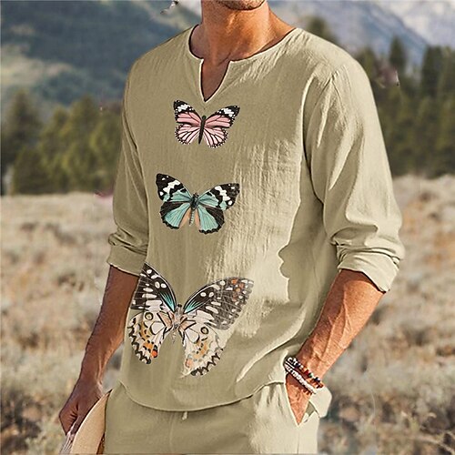 

Men's Unisex T shirt Tee 3D Print Butterfly Graphic Prints V Neck Street Daily Print Long Sleeve Tops Designer Basic Casual Big and Tall Khaki
