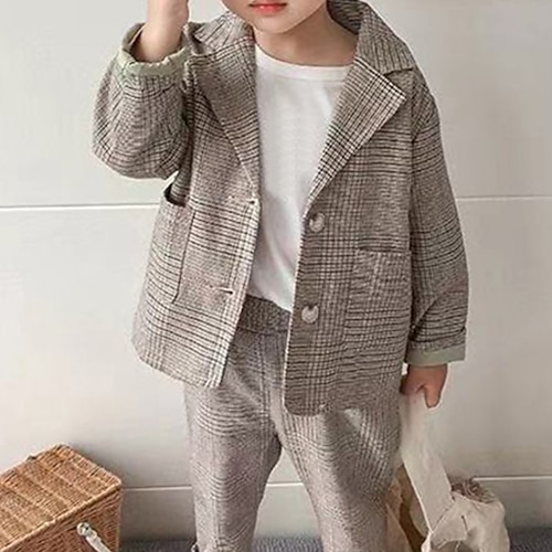 

2 Pieces Kids Boys Suit & Blazer Clothing Set Outfit Plaid Long Sleeve Set Vacation Fashion Preppy Style Winter Fall 2-8 Years Khaki