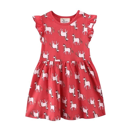 

Kids Girls' Dress Unicorn A Line Dress Asymmetrical Dress Daily Cotton Short Sleeve Sweet Dress 2-6 Years Spring Red