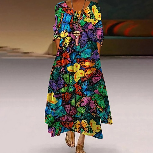 

robe longue Femme Robe casual manche longue Hiver Automne - Mature Bouton Poche Imprimer Animal Floral Papillon Col V robe hiver Fin de semaine robe automne Ample 2022 Vert Bleu Violet Jaune Vert