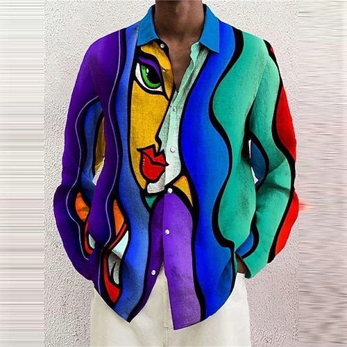 

Men's Shirt Graphic Shirt Abstract Turndown Yellow Blue Purple Rainbow 3D Print Outdoor Street Long Sleeve Print Button-Down Clothing Apparel Fashion Designer Casual Breathable