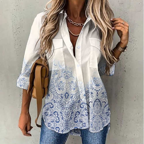 

Women's Blouse Shirt White Graphic Button Print Long Sleeve Daily Weekend Streetwear Casual Shirt Collar Regular S