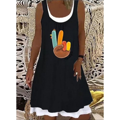 

Women's A Line Dress Knee Length Dress White Black Blue Sleeveless Print Geometric Patchwork Fake two piece Fall Summer U Neck Stylish Fashion 2022 S M L XL 2XL 3XL