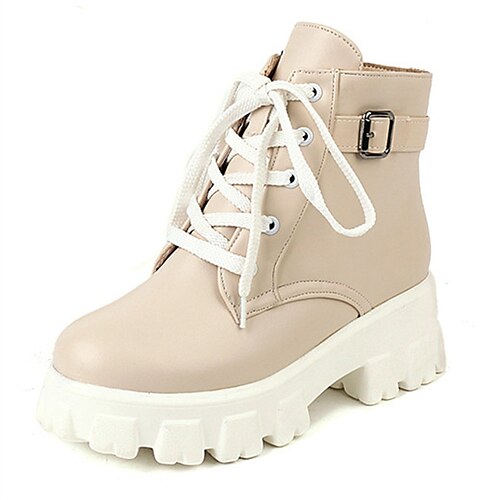 

Mulheres Botas Coturnos Botas de amarrar Diário Botas Botas Tornozelo Inverno Cadarço Salto Baixo Ponta Redonda Minimalismo Pele PU Com Cadarço Cor Sólida Preto Branco Bege