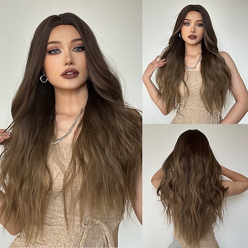 

Synthetic Wig Natural Wave Middle Part Machine Made Wig 26 inch Ombre Brown Synthetic Hair Women's Brown