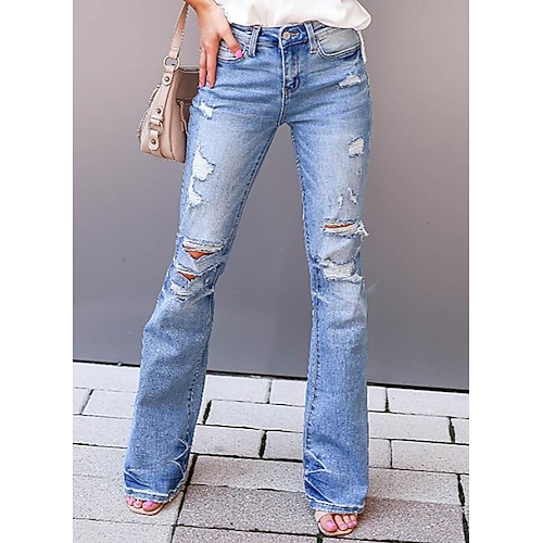 

Women's Pants Trousers Jeans Distressed Jeans Denim Light Blue Mid Waist Fashion Casual Weekend Side Pockets Cut Out Micro-elastic Full Length Plain S M L XL 2XL