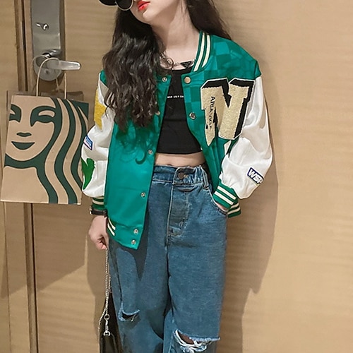 

Kids Girls' Jacket Outerwear Letter Long Sleeve Coat Daily Cotton Active Green Blue Winter Fall 4-13 Years