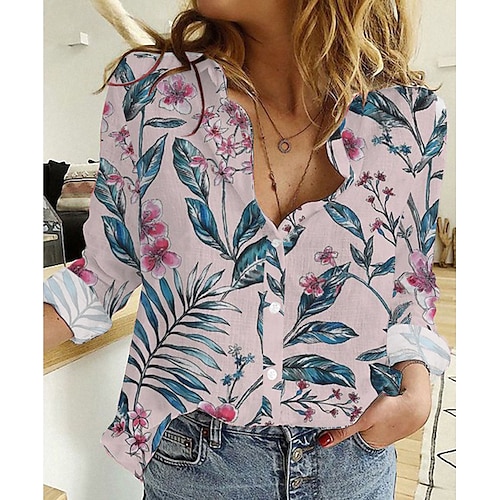 

Women's Blouse Shirt Pink Floral Button Print Long Sleeve Daily Weekend Streetwear Casual Shirt Collar Regular Floral S / 3D Print