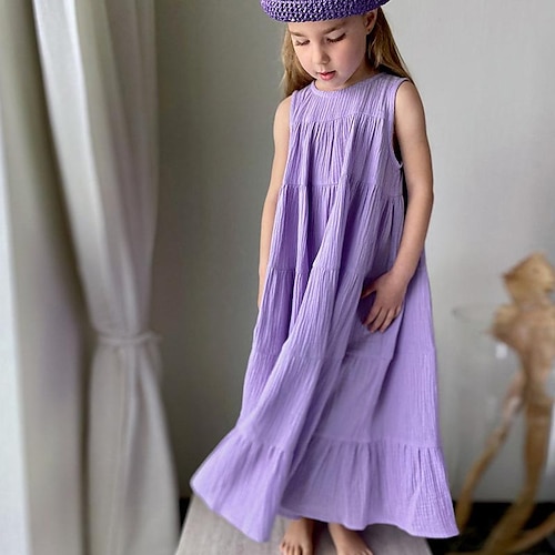 

Kids Girls' Dress Solid Colored A Line Dress Asymmetrical Dress Daily Cotton Sleeveless Casual Dress 2-6 Years Spring Purple