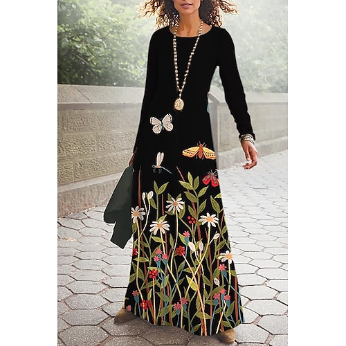 

Women's A Line Dress Casual Dress Maxi long Dress Blue Purple Yellow Long Sleeve Floral Print Fall Winter Crew Neck Casual 2022 S M L XL 2XL 3XL 4XL 5XL 6XL / 3D Print