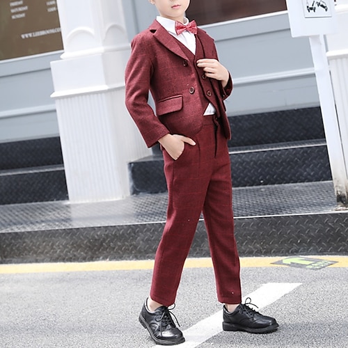 

enfants garçons costume Blazer pantalon ensemble vêtements ensemble 3 pièces à manches longues vin rouge plaid coton fête mode doux 3-13 ans