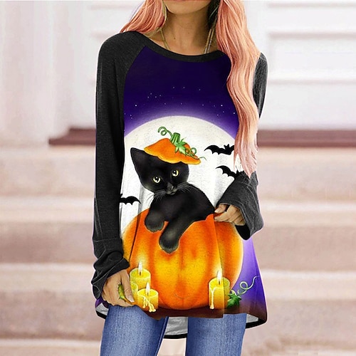 

Women's T shirt Tee Cat Color Block Pumpkin Halloween Casual Weekend T shirt Tee Long Sleeve Patchwork Print Round Neck Basic Halloween Green Purple Khaki S