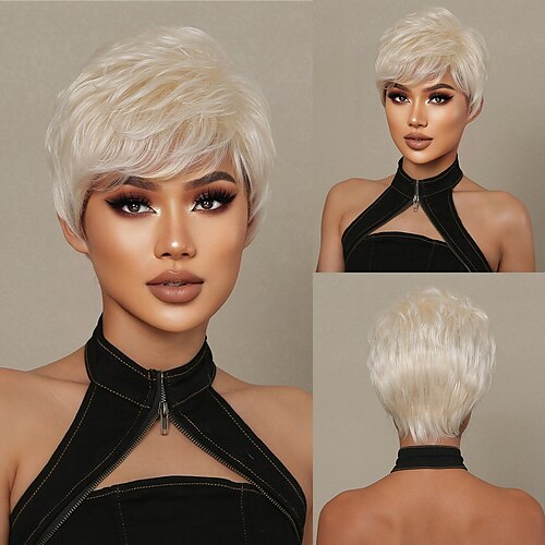 

Human Hair Blend Wig Short Bouncy Curl Natural Straight Pixie Cut Side Part Layered Haircut Asymmetrical Blonde White Silver Cosplay Curler & straightener Natural Hairline Capless Brazilian Hair