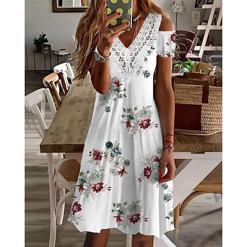 

Women's A Line Dress Floral Dress Short Mini Dress White Short Sleeve Floral Lace Cold Shoulder Print Spring Summer V Neck Casual 2022 S M L XL / Casual Dress