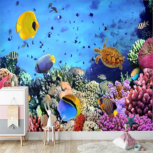 

Botanical Art Deco 3D Home Decoration Mural Blue Underwater Coral Fish Map Suitable For Hotel Living Room Bedroom Canvas Material Self adhesive Wallpaper Room Wallcovering