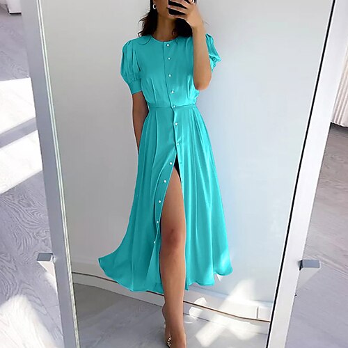 

Women's A Line Dress Maxi long Dress Blue Pink Khaki Orange Short Sleeve Pure Color Split Button Spring Summer Round Neck Fashion 2022 S M L XL 2XL 3XL