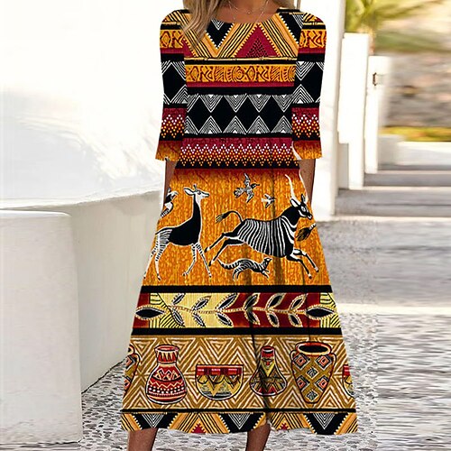

Women's Casual Dress Shift Dress Midi Dress Yellow 3/4 Length Sleeve Floral Animal Ruched Print Fall Winter Round Neck Casual Vacation 2022 S M L XL XXL 3XL
