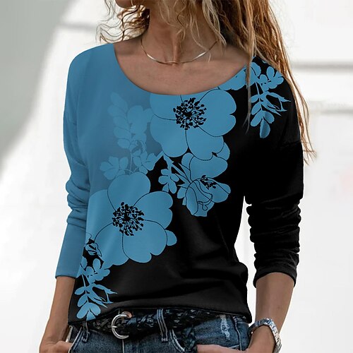 

Women's T shirt Tee Floral Casual Holiday Weekend Floral Painting T shirt Tee Long Sleeve Print Round Neck Basic Green White Blue S / 3D Print