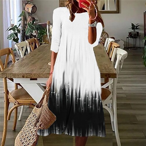 

Women's Casual Dress Shift Dress Midi Dress White 3/4 Length Sleeve Color Gradient Ruched Print Fall Winter Round Neck Casual Vacation 2022 S M L XL XXL 3XL
