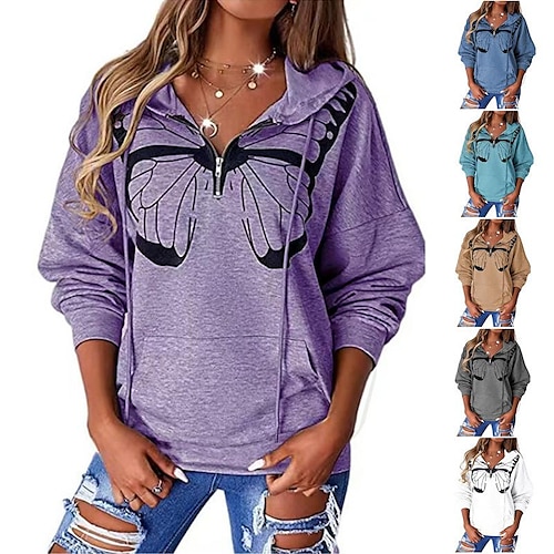 

women's stitched butterfly print loose hooded long sleeve sweatshirt