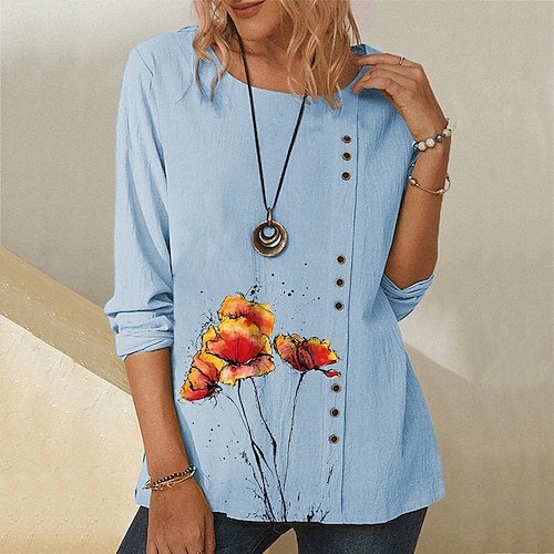 

Women's T shirt Tee Blue Beige Floral Button Print Long Sleeve Holiday Weekend Basic Round Neck Regular Floral Painting S / 3D Print