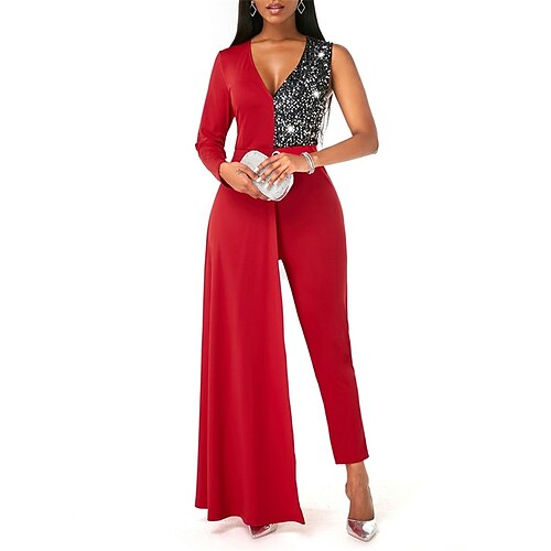 

Damen Jumpsuit Patchwork Hohe Taillenlinie Farbblock V Ausschnitt Strassenmode Elegant Ausgehen Schlank Langarm Blau Rote Schwarz S M L XL Winter