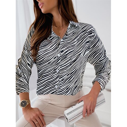

Women's Blouse Striped Casual Daily Work Blouse Long Sleeve Print Shirt Collar Elegant White Brown S