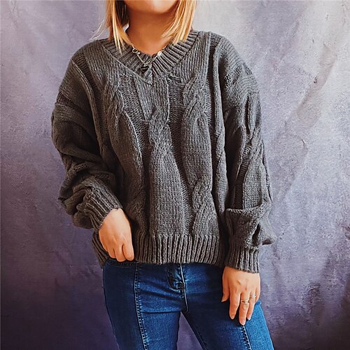 

Women's Pullover Sweater Jumper Cable Knit Knitted Pure Color Crew Neck Stylish Casual Daily Holiday Fall Winter Black Khaki S M L / Long Sleeve / Regular Fit / Going out