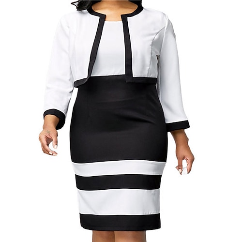 

Women's Plus Size Work Dress Geometric Crew Neck Print Long Sleeve Fall Winter Work Elegant Formal Knee Length Dress Formal Daily Dress / Dress Set