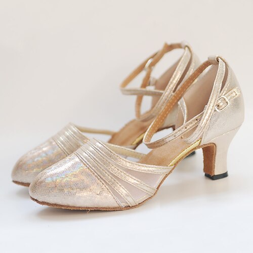 

Women's Ballroom Shoes Modern Shoes Stage Indoor Practice Heel Splicing Tulle Cuban Heel Buckle Silver Gold / Professional